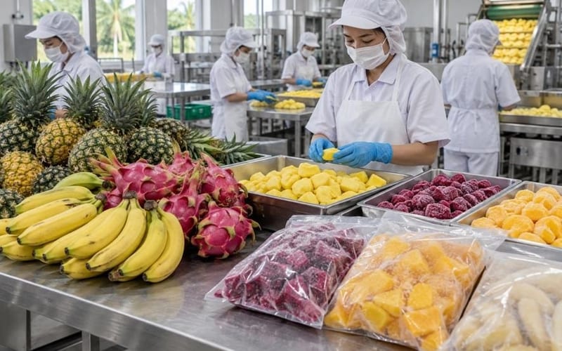 Fresh tropical fruits from Vietnam — dragon fruit, mango, pineapple